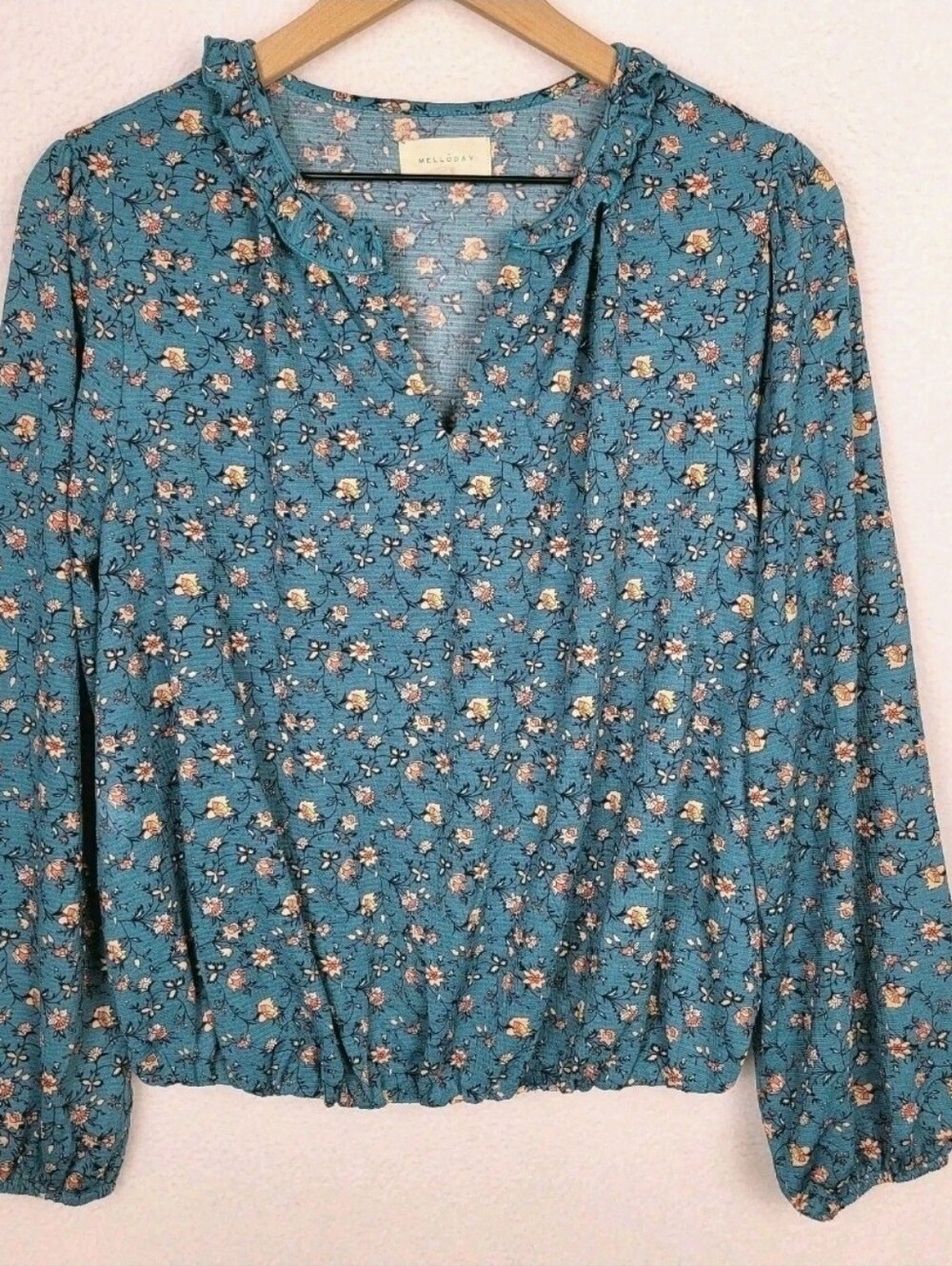 Floral Blouse Long Sleeve Ruffle Split V-Neck Teal Blue M